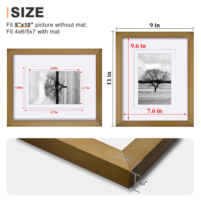 Egofine 8x10 Picture Frame Made of Solid Wood with Plexiglass, Display Pictures 4x6/5x7 with Mat or 8x10 without Mat, for Table Top and Wall Mounting Photo Frame, Light Brown - Image 3